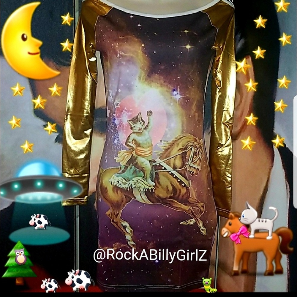 Rat Baby Galaxy Cat Riding Horse Bodycon Raglan Dress w Gold Metal Long Sleeves